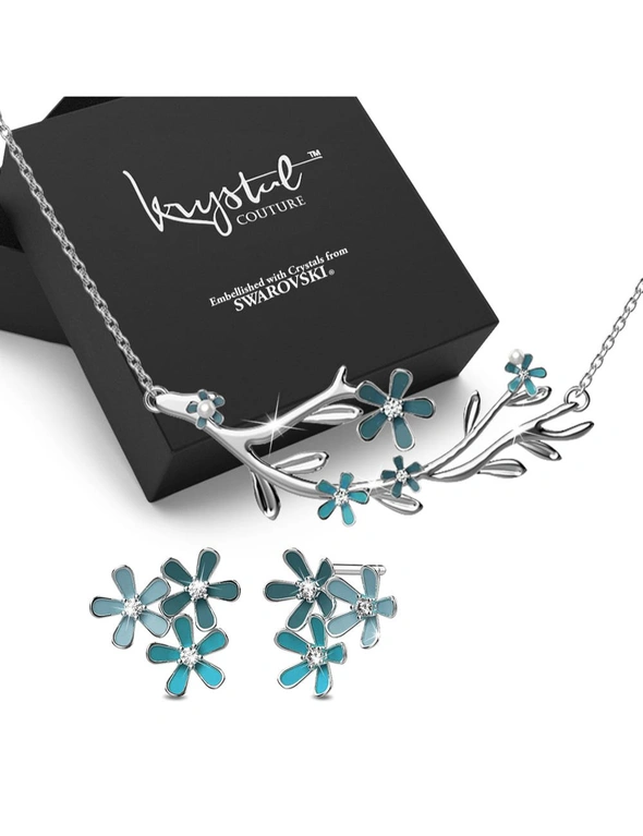 Krystal Couture Boxed Petalia Turquoise Blue Stud Earrings and Necklace Featured Swarovski® Crystals in White Gold, hi-res image number null