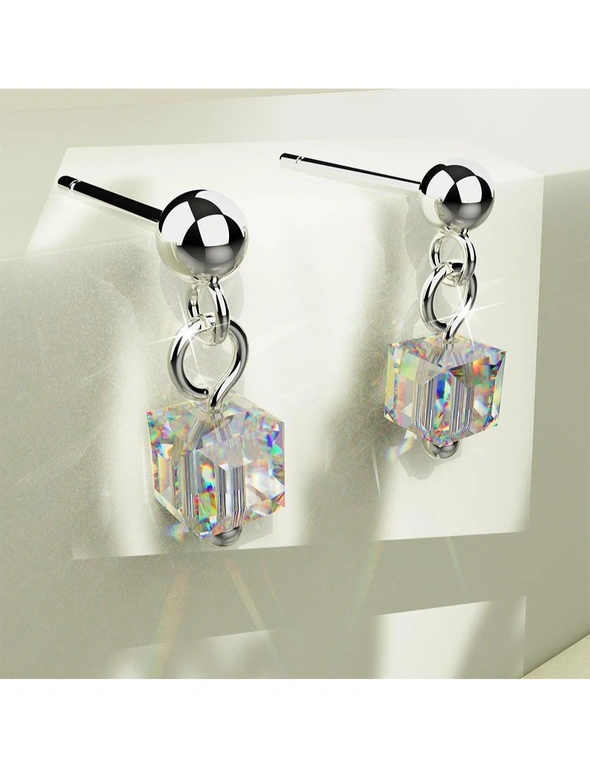 Solid 925 Sterling Silver Iridescent Cube Drop Earrings Embellished with Crystals from Swarovski®, hi-res image number null