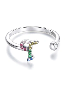 Solid 925 Sterling Silver Colourful Rainbow Alphabet Letter Adjustable Rings - T
