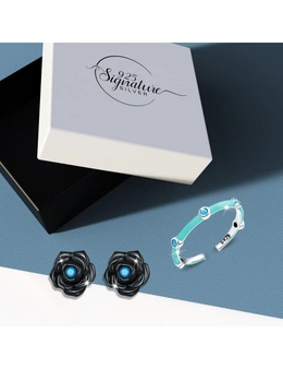 925 Signature Silver Boxed Solid 925 Sterling Silver Hints Of Blue Ring & Earrings Set
