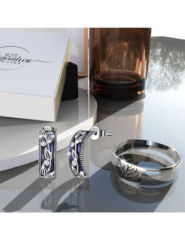 925 Signature Silver Boxed Solid 925 Sterling Silver Deep In The Forest Earrings & Silver Rings Set.
