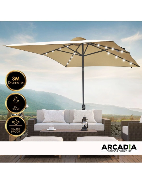 Arcadia Furniture Outdoor 3 Metre Garden Umbrella with In-Built Solar LED Lights, hi-res image number null