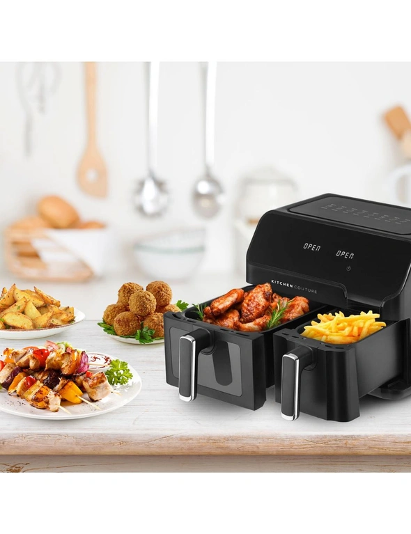 Kitchen Couture Flex View Air Fryer Dual Cooking Zones 8 Presets Viewing Window - Black - 10 Litre, hi-res image number null