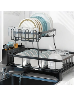 Viviendo 2 Tier Dish Drainer Drying Rack in Stainless Steel with Kitchen Counter Cup and Cutlery Holder