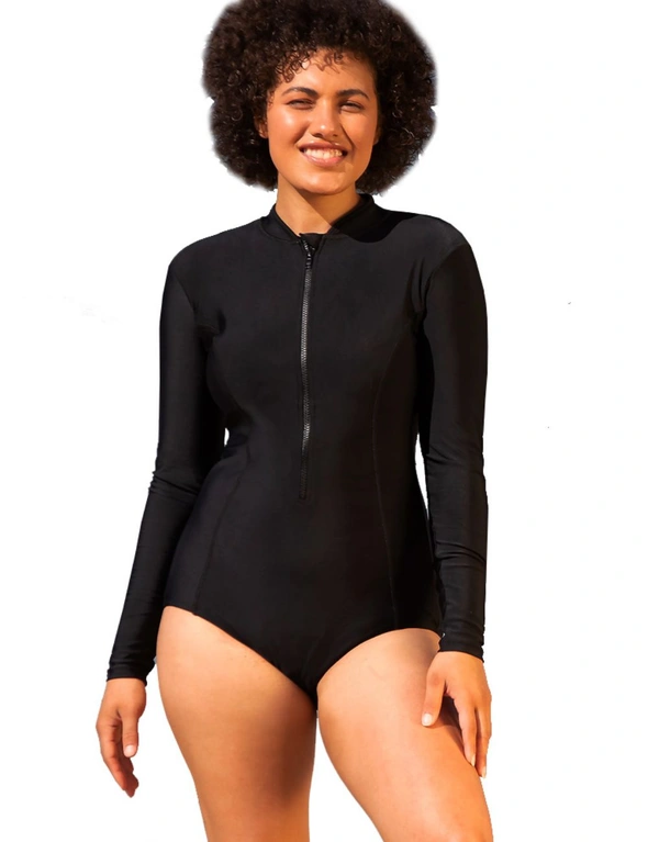 LaSculpte Women's Sustainable Zip Front One Piece Long Sleeve, hi-res image number null
