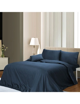 1000TC 3Pcs Stripe 100% Cotton Bed Quilt Cover Set - Navy Blue