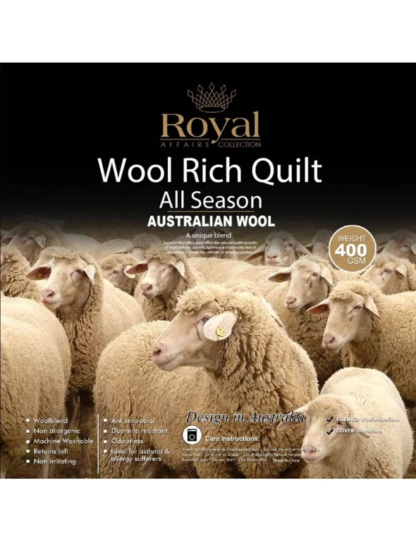 Bedding N Bath Wool Rich 100% Warm 400GSM Winter Weight Wool Quilt - (King , Queen , Super King , King Single , Single), hi-res image number null