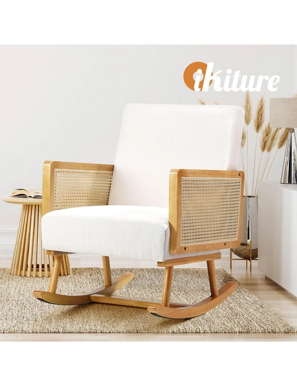 Oikiture Rocking Chair Nursing Armchair Linen Accent Chairs PE Rattan Beige, hi-res image number null