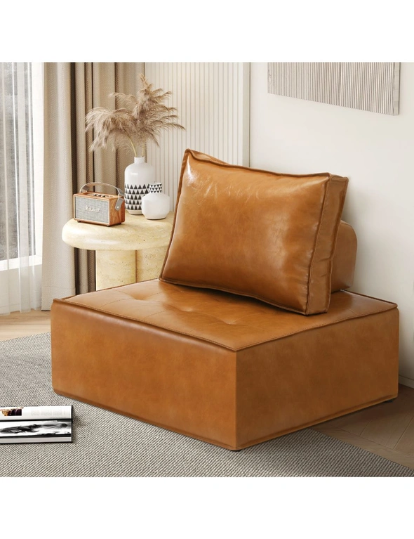 Oikiture 1PC Modular Sofa Lounge Chair Armless TOFU Back PU Leather Brown, hi-res image number null
