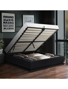 Oikiture RGB LED Bed Frame Double Size Gas Lift Base With Storage Black Leather