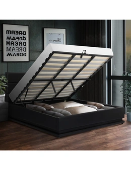 Oikiture RGB LED Bed Frame King Size Gas Lift Base With Storage Black Leather