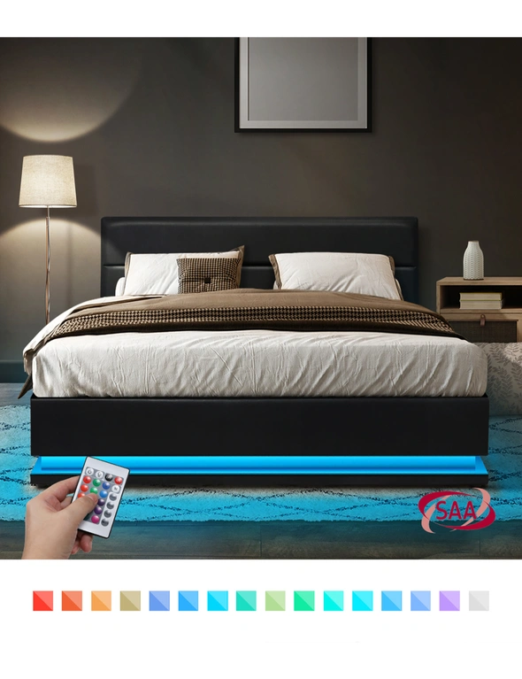 Oikiture RGB LED Bed Frame King Size Gas Lift Base With Storage Black Leather, hi-res image number null