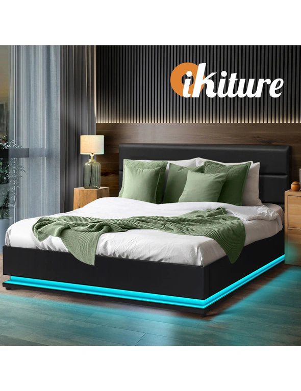 Oikiture RGB LED Bed Frame Queen Size Gas Lift Base With Storage Black Leather, hi-res image number null