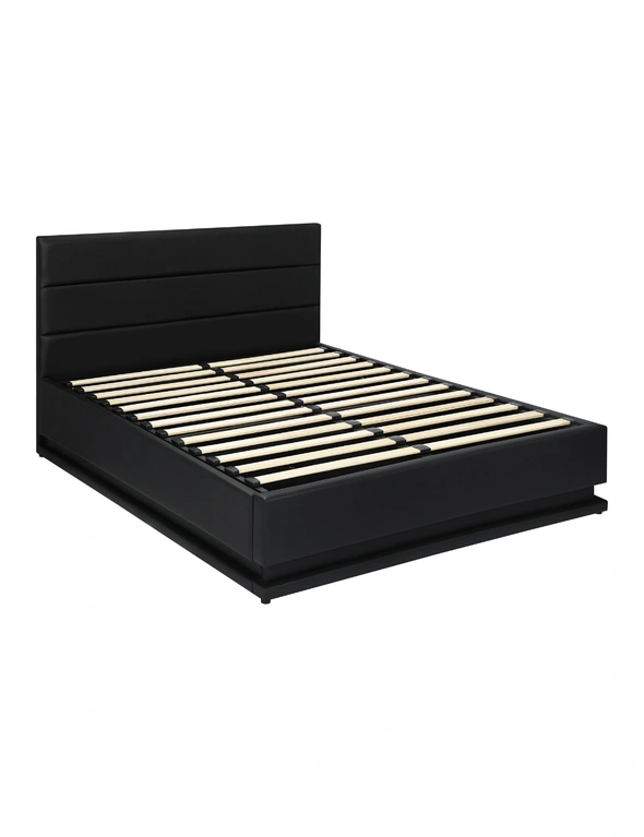 Oikiture RGB LED Bed Frame Queen Size Gas Lift Base With Storage Black Leather, hi-res image number null