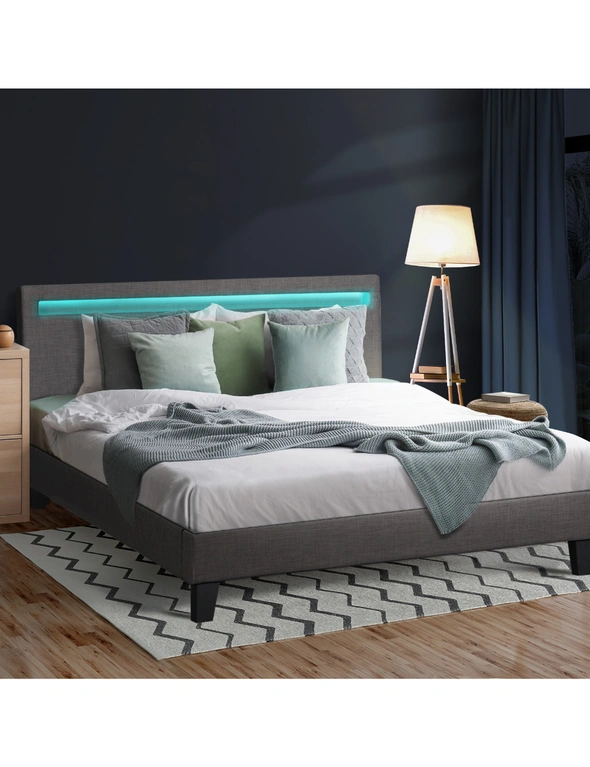 Oikiture Bed Frame RGB LED Double Size Mattress Base Platform Wooden Grey Fabric, hi-res image number null