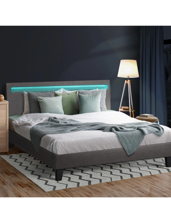 Oikiture Bed Frame RGB LED Queen Size Mattress Base Platform Wooden Grey Fabric, hi-res image number null