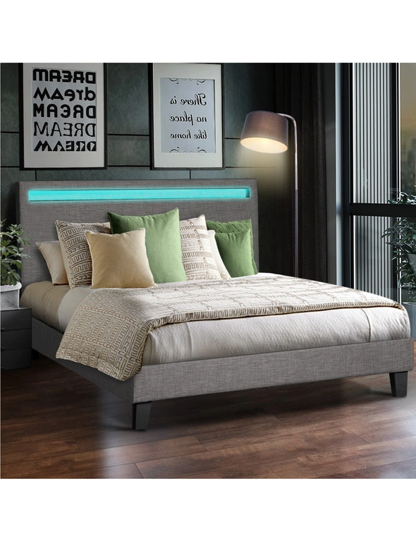 Oikiture Bed Frame RGB LED Queen Size Mattress Base Platform Wooden Grey Fabric, hi-res image number null