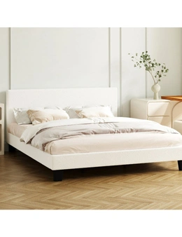 Oikiture Bed Frame Double Size Mattress Base Boucle Fabric Platform Wooden Slats