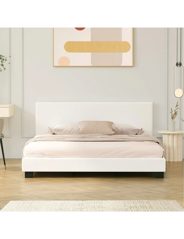 Oikiture Bed Frame Double Size Mattress Base Boucle Fabric Platform Wooden Slats, hi-res image number null