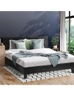 Oikiture Bed Frame Queen Size Base Mattress Platform Leather Wooden Slats Black