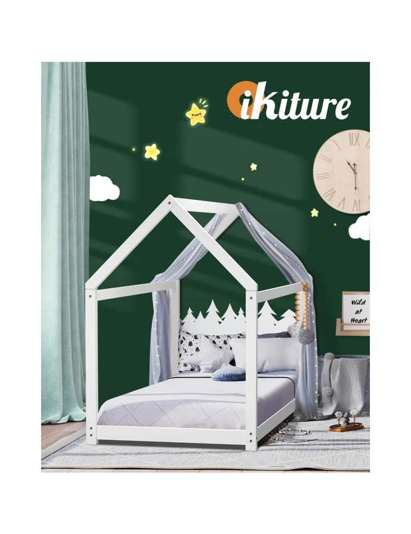 Oikiture Bed Frame Single Wooden Timber House Style Mattress Base Platform White, hi-res image number null