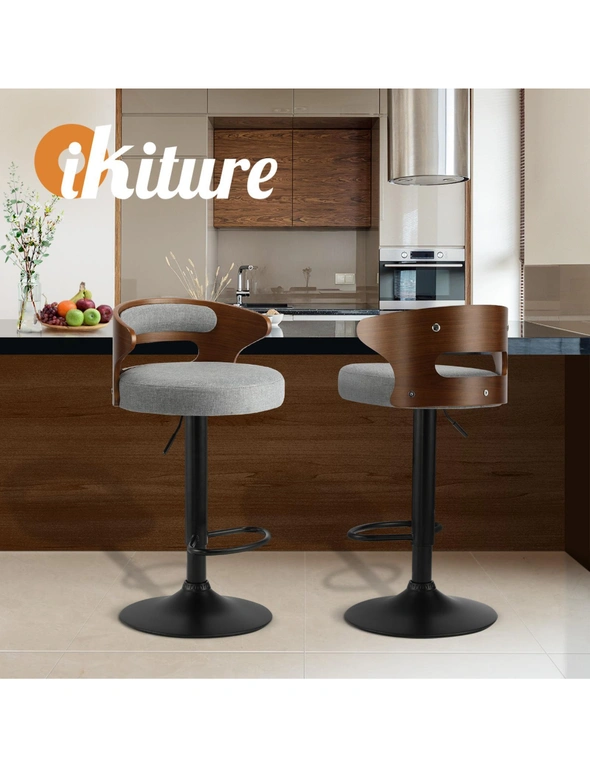 Oikiture Bar Stools Kitchen Gas Lift Swivel Chairs Stool Wooden Barstool Grey x2, hi-res image number null