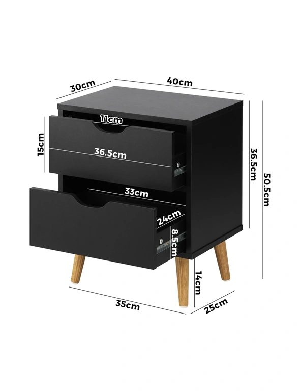 Oikiture Bedside Tables 2 Drawers Side Table Bedroom Furniture Storage Black, hi-res image number null