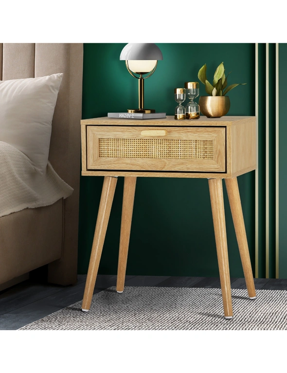 Oikiture Bedside Table Drawers Bedroom Wood Cabinet Nightstand Rattan Furniture, hi-res image number null