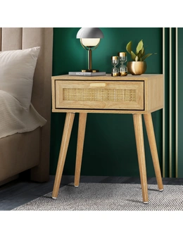 Oikiture Bedside Table Drawers Bedroom Wood Cabinet Nightstand Rattan Furniture