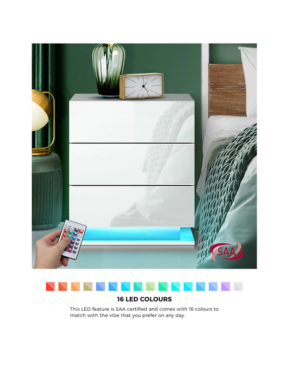 Oikiture Bedside Table RGB LED Nightstand Cabinet 3 Drawers Side Table Furniture, hi-res image number null
