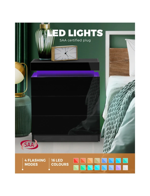 Oikiture Bedside Table RGB LED Nightstand Cabinet 3 Drawers Side Table Furniture, hi-res image number null