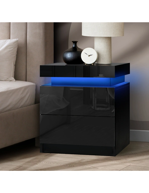 Oikiture Bedside Table RGB LED Nightstand Cabinet 2 Drawers Side Table Furniture, hi-res image number null