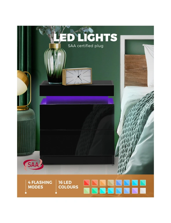 Oikiture Bedside Table RGB LED Nightstand Cabinet 2 Drawers Side Table Furniture, hi-res image number null