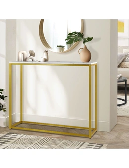 Oikiture Console Table Marble-look Iron Hallway Desk Entry Display Gold&White