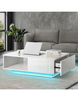 Oikiture Coffee Table LED Light High Gloss Storage Drawer Modern Furniture Black