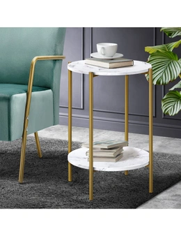 Oikiture Side End Table Coffee Sofa Bedside Nightstand Marble Round Dual-Tier
