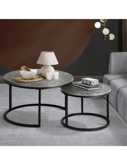 Oikiture Set of 2 Coffee Table Round Marble Nesting Side End Table Grey & Black