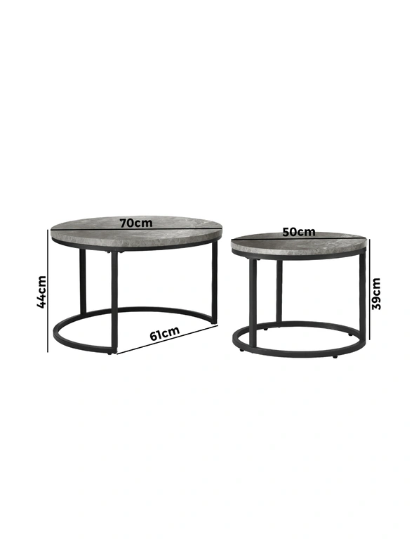 Oikiture Set of 2 Coffee Table Round Marble Nesting Side End Table Grey & Black, hi-res image number null