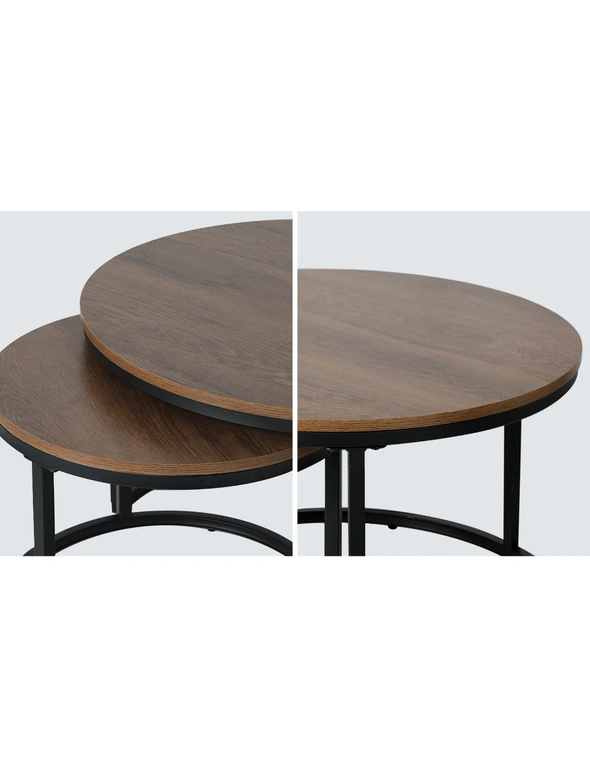 Oikiture Set of 2 Coffee Table Round Nesting Side End Table Walnut & Black, hi-res image number null