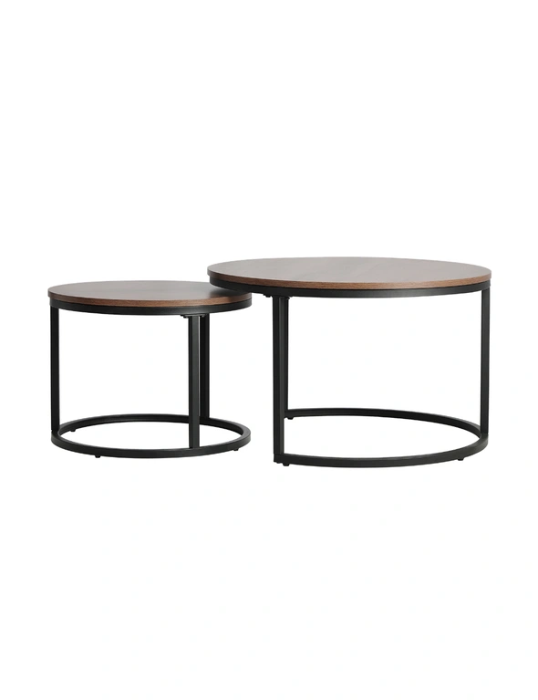 Oikiture Set of 2 Coffee Table Round Nesting Side End Table Walnut & Black, hi-res image number null
