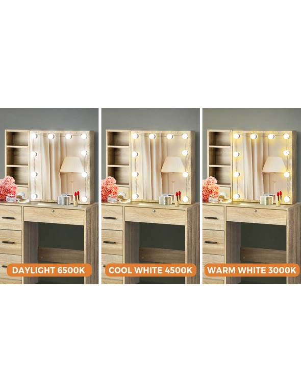 Oikiture Dressing Table Stool Set Makeup Slide Mirror Drawer 10 LED Bulbs Wooden, hi-res image number null
