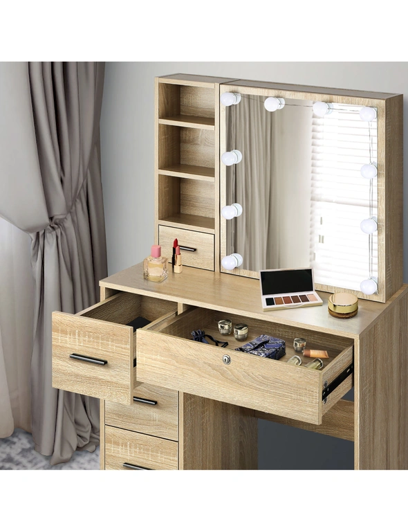 Oikiture Dressing Table Stool Set Makeup Slide Mirror Drawer 10 LED Bulbs Wooden, hi-res image number null