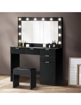 Oikiture Dressing Table Stool Set Makeup Large Mirror Dresser 12 LED Bulbs Black
