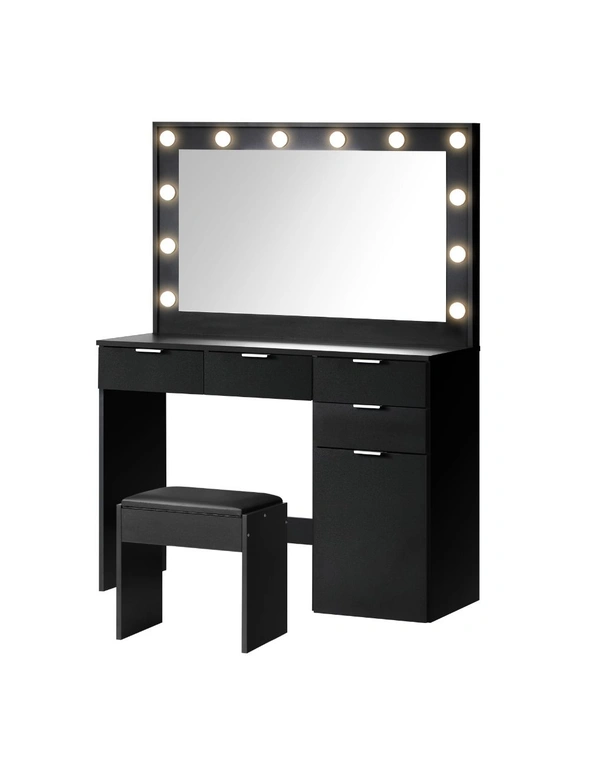 Oikiture Dressing Table Stool Set Makeup Large Mirror Dresser 12 LED Bulbs Black, hi-res image number null