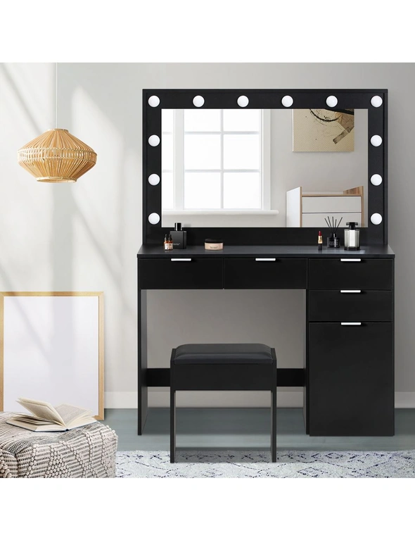 Oikiture Dressing Table Stool Set Makeup Large Mirror Dresser 12 LED Bulbs Black, hi-res image number null