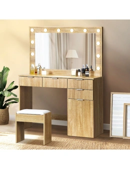 Oikiture Dressing Table Stool Set Makeup Large Mirror Dresser 12 LED Bulbs Oak