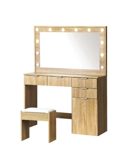 Oikiture Dressing Table Stool Set Makeup Large Mirror Dresser 12 LED Bulbs Oak
