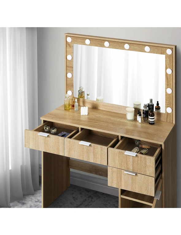 Oikiture Dressing Table Stool Set Makeup Large Mirror Dresser 12 LED Bulbs Oak, hi-res image number null