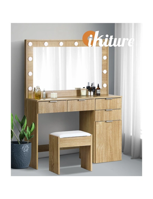 Oikiture Dressing Table Stool Set Makeup Large Mirror Dresser 12 LED Bulbs Oak, hi-res image number null