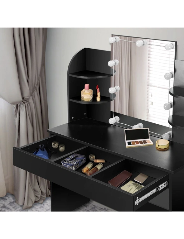 Oikiture Dressing Table Stool Set Makeup Mirror Storage Drawer 10LED Bulbs Black, hi-res image number null